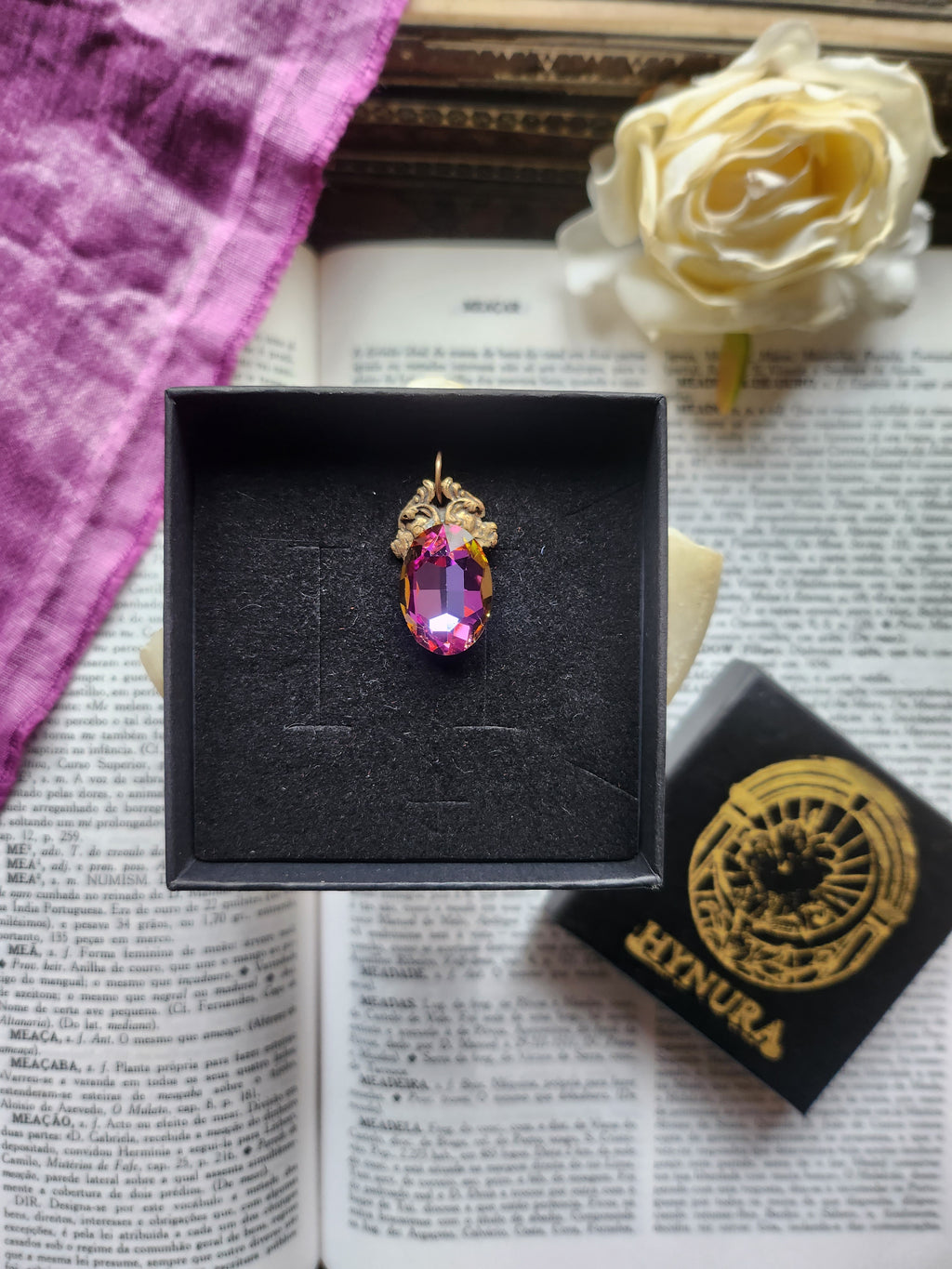 Arcane Resonance Collection – Small Handmade Bronze Pendant with Fuchsia and Amber Oval Crystal
