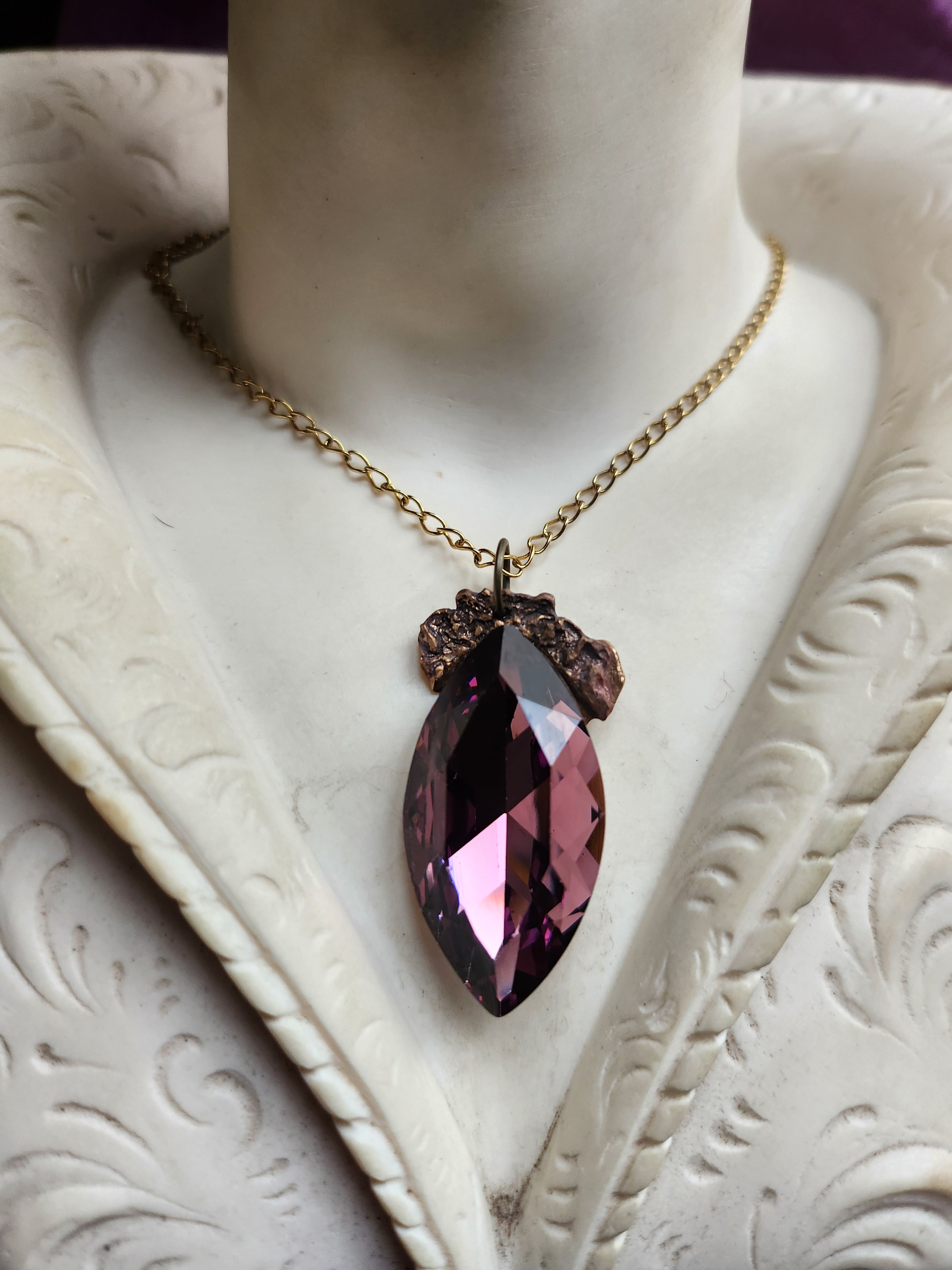 Mystic Baroque Collection - Handmade Bronze Pendant with Dusty Rose Crystal Navette