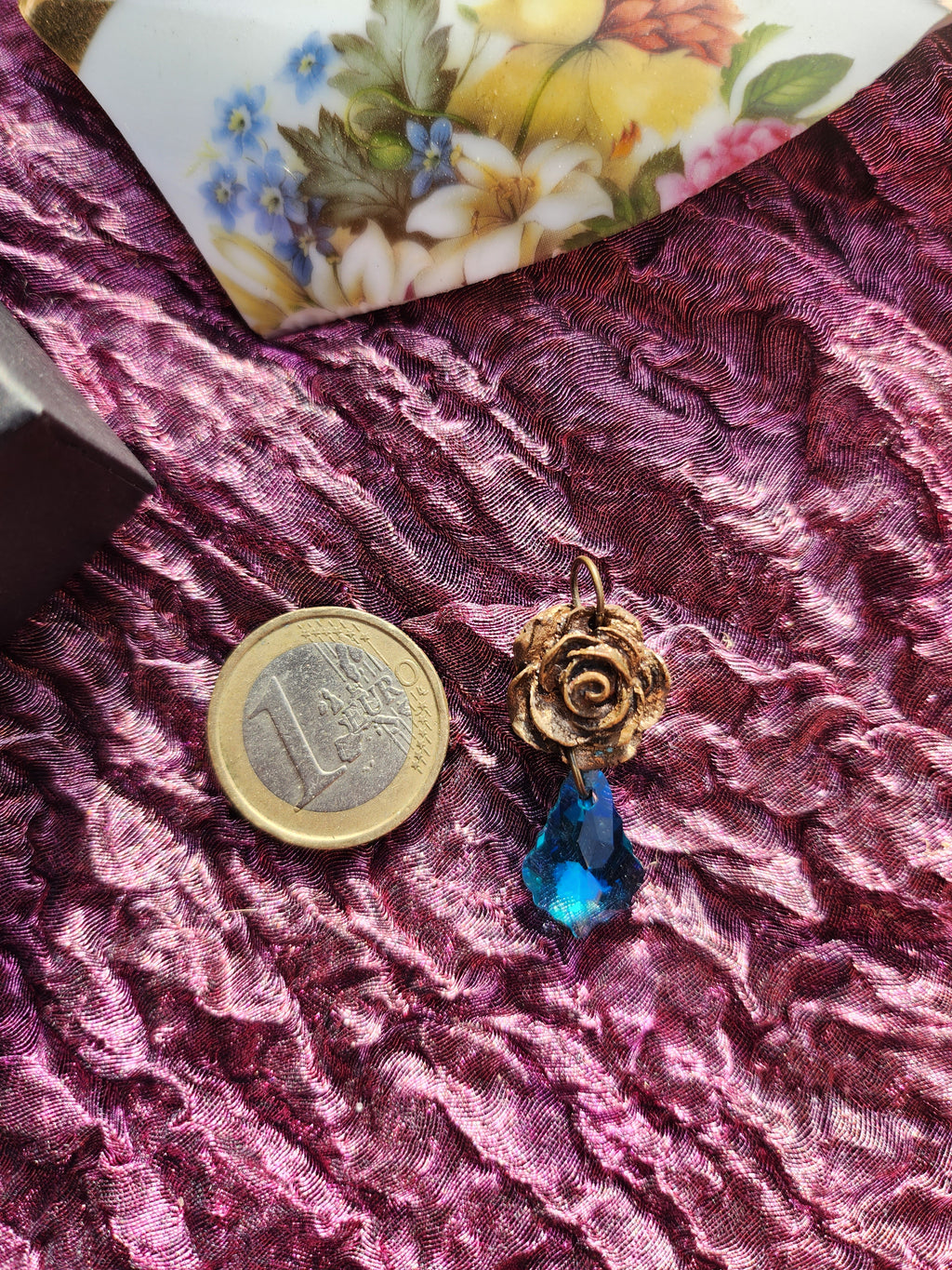 Rosarium Collection Collection - Handmade Bronze Rose Pendant with Light Blue Crystal
