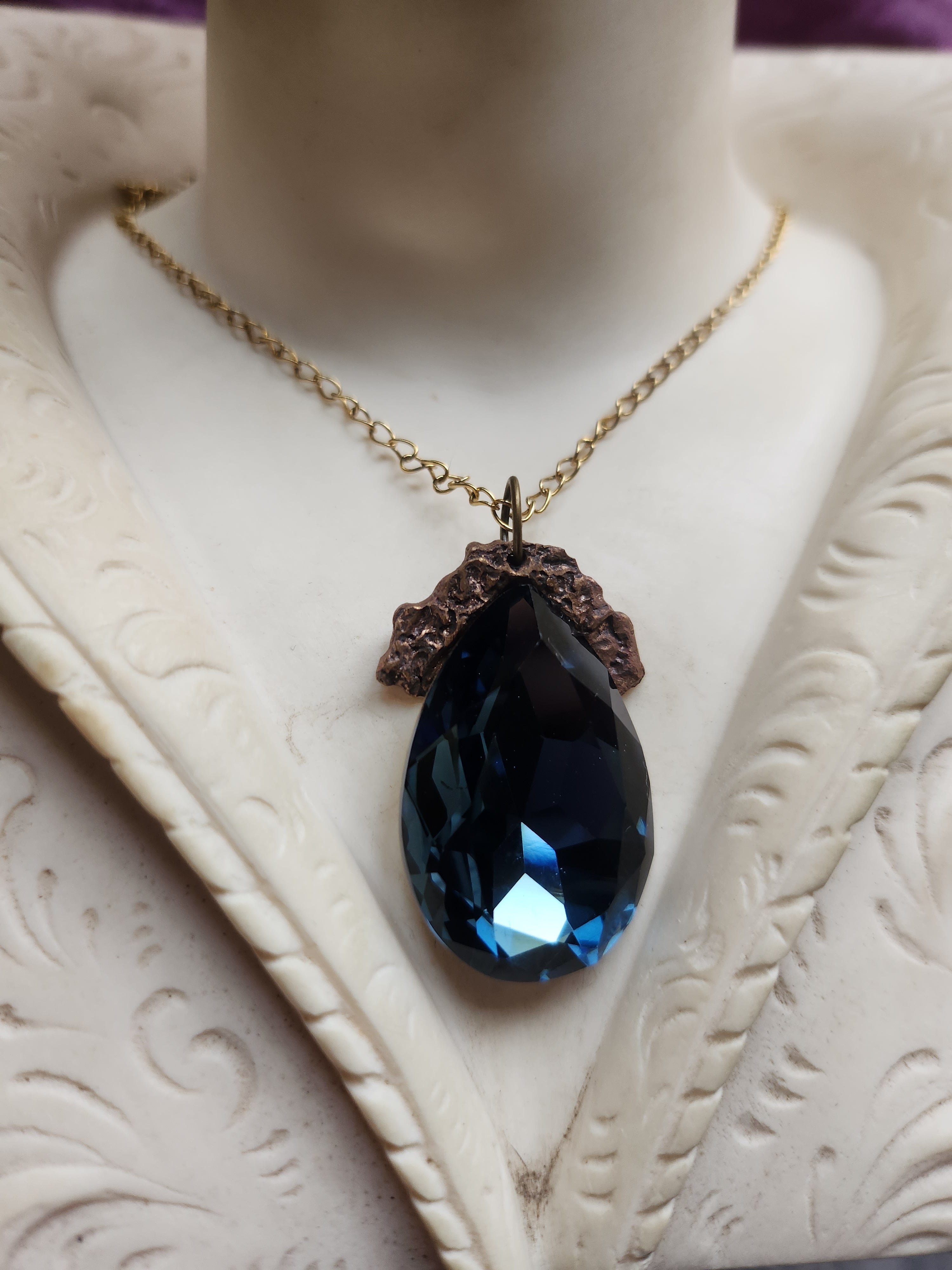 Mystic Baroque Collection - Handmade Bronze Pendant with Teel Teardrop Crystal