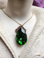 Mystic Baroque Collection - Handmade Bronze Pendant with Emerald Green Teardrop Crystal