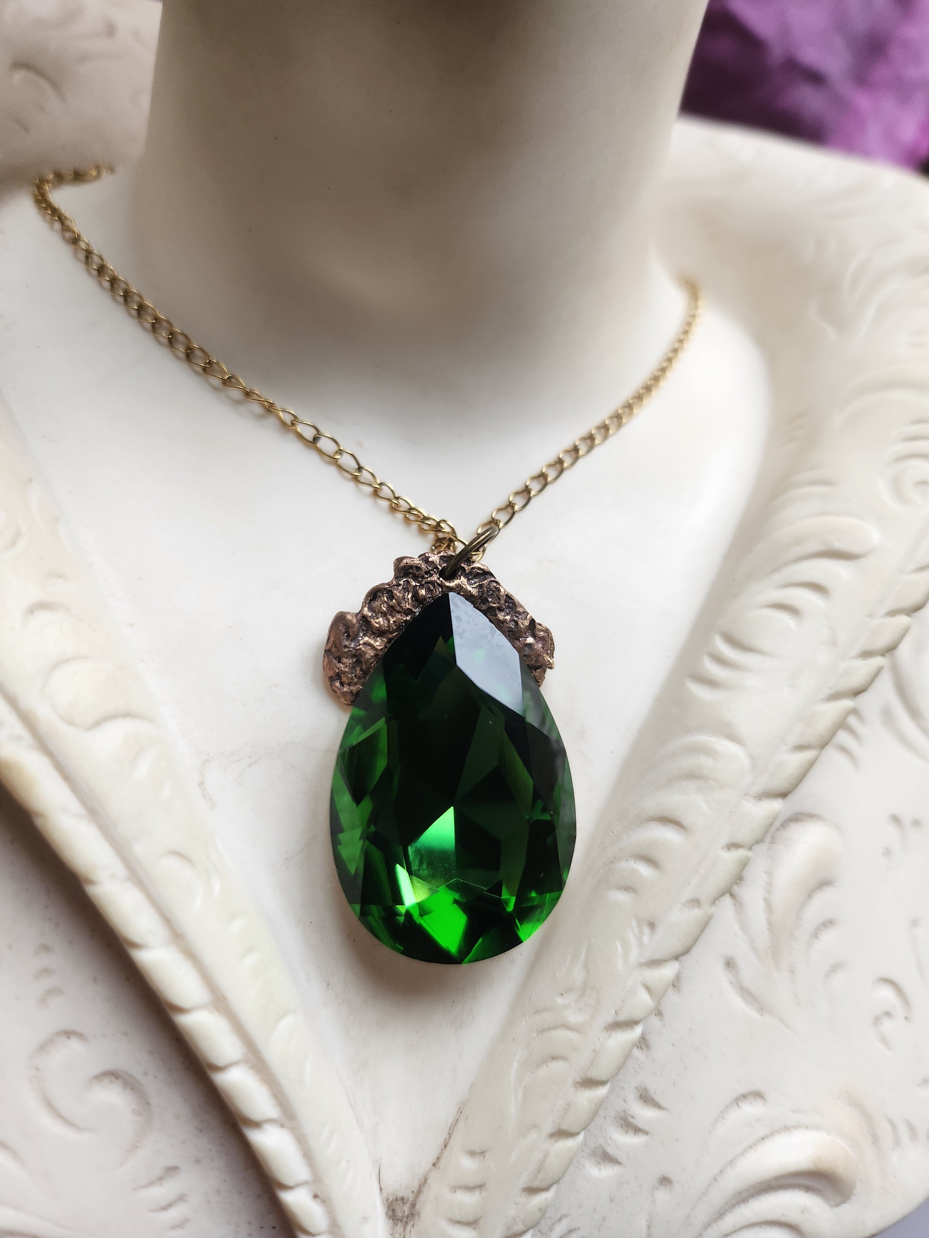 Mystic Baroque Collection - Handmade Bronze Pendant with Emerald Green Teardrop Crystal