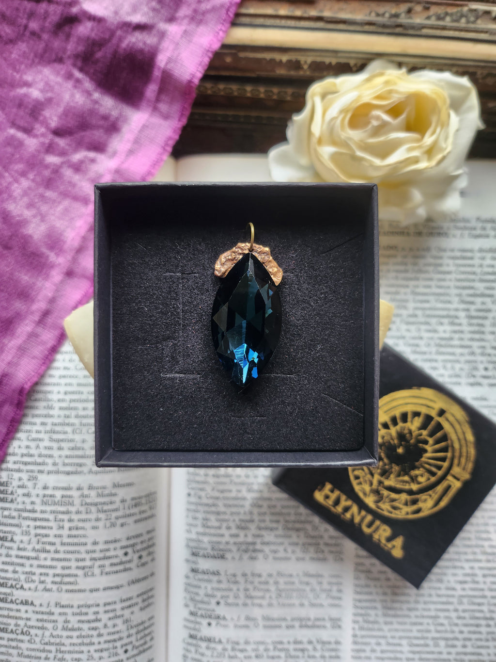 Mystic Baroque Collection - Handmade Bronze Pendant with Deep Teel Crystal Navette