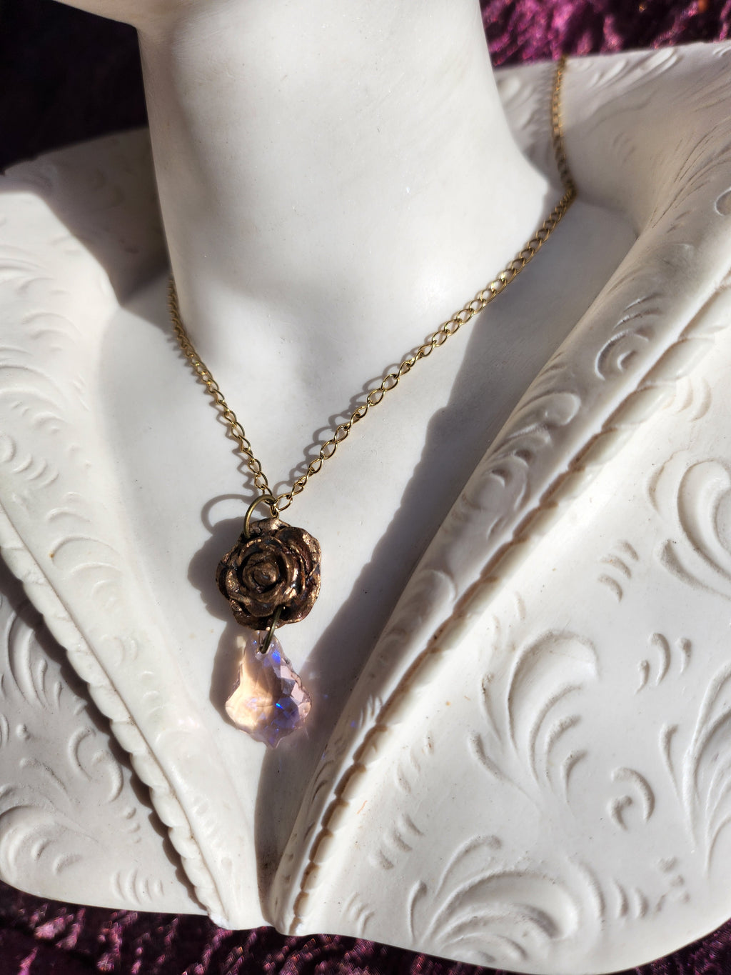 Rosarium Collection Collection - Handmade Bronze Rose Pendant with Pink Crystal