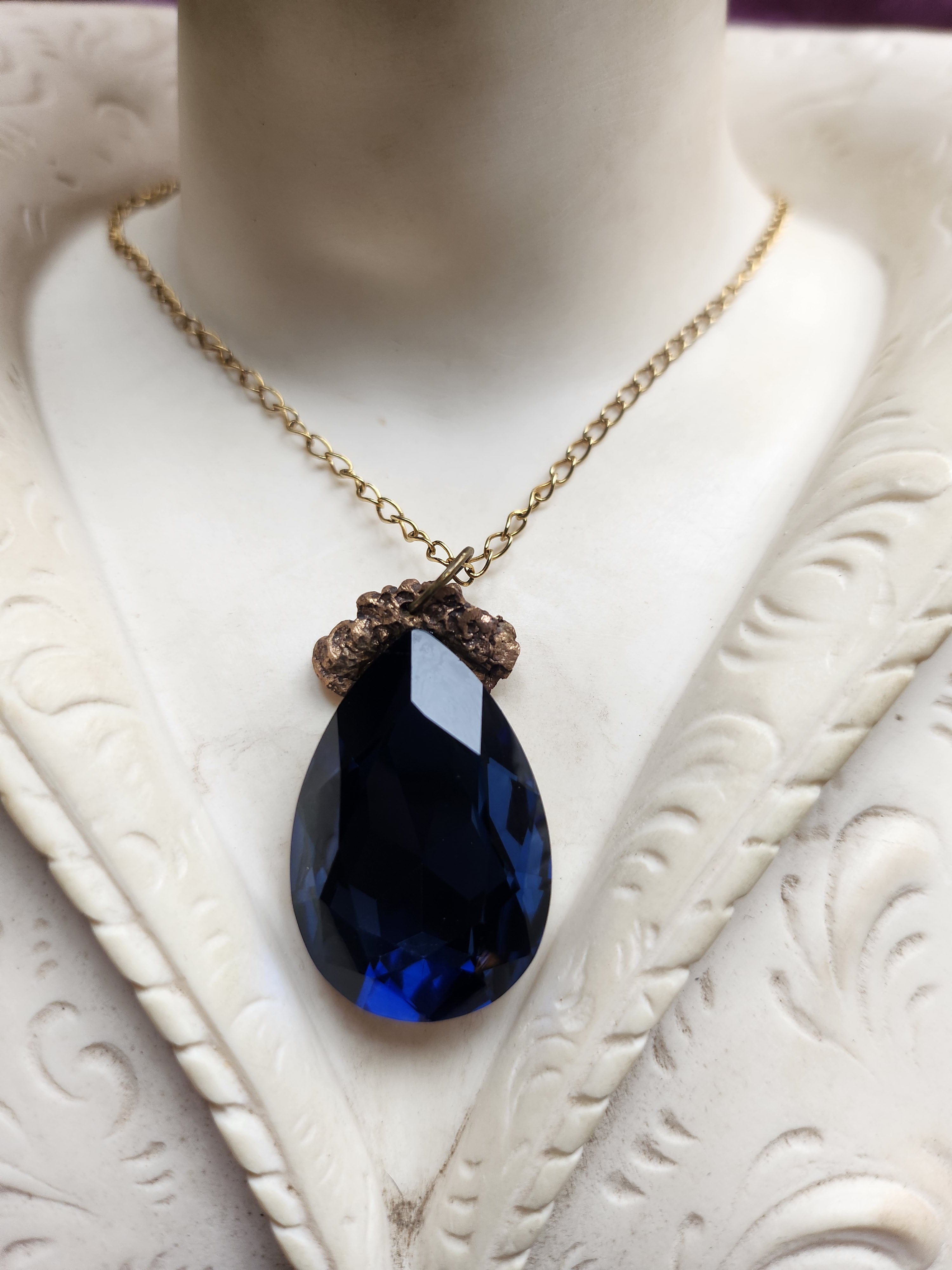 Mystic Baroque Collection - Handmade Bronze Pendant with Deep Blue Teardrop Crystal