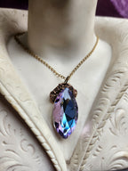 Mystic Baroque Collection - Handmade Bronze Pendant with Blue and Pink Crystal Navette