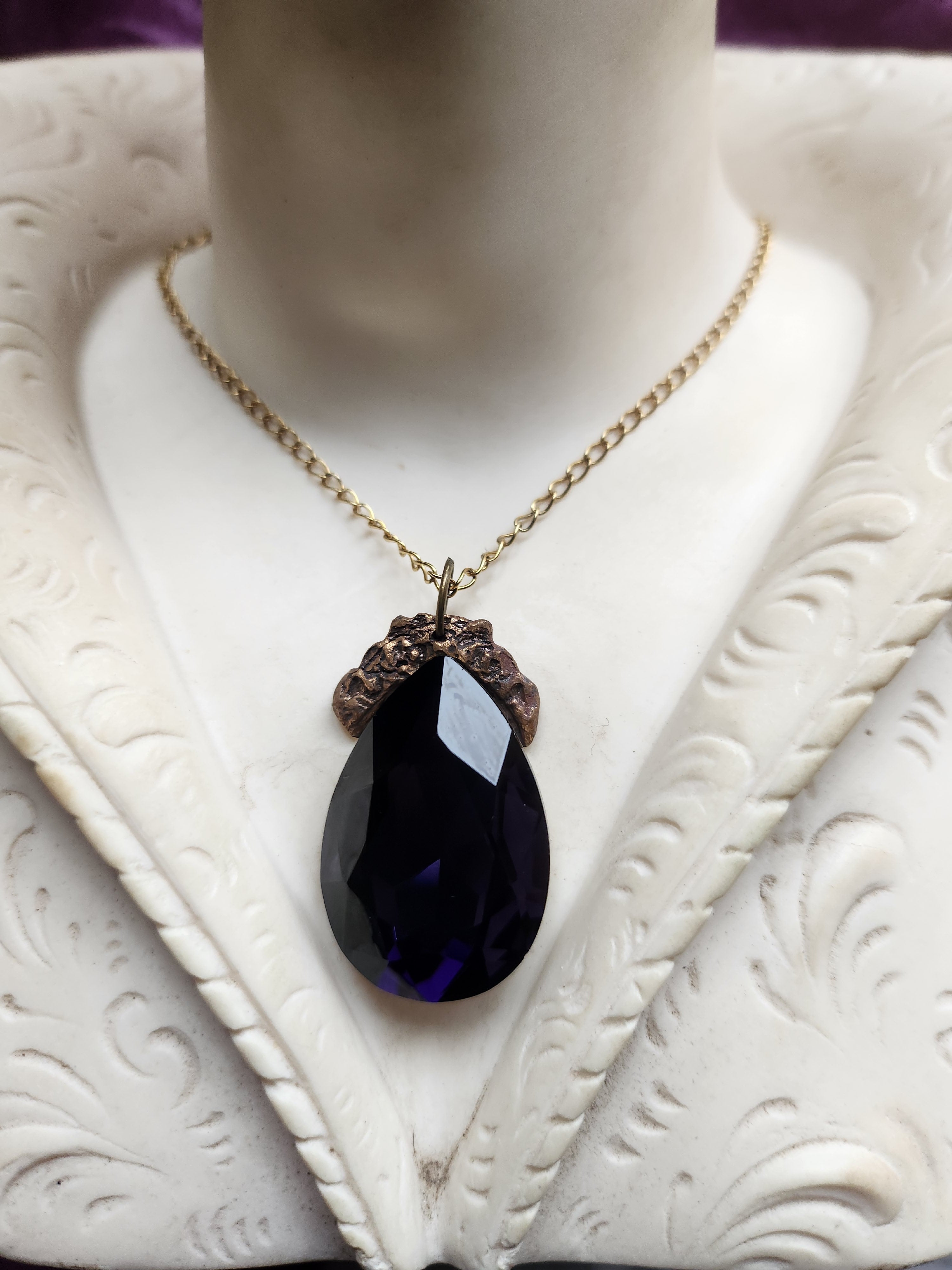 Mystic Baroque Collection - Handmade Bronze Pendant with Purple Teardrop Crystal