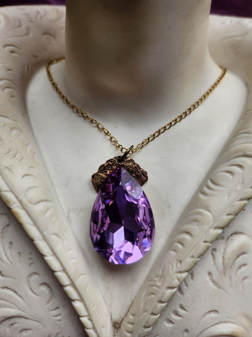 Mystic Baroque Collection - Handmade Bronze Pendant with Lavender Teardrop Crystal