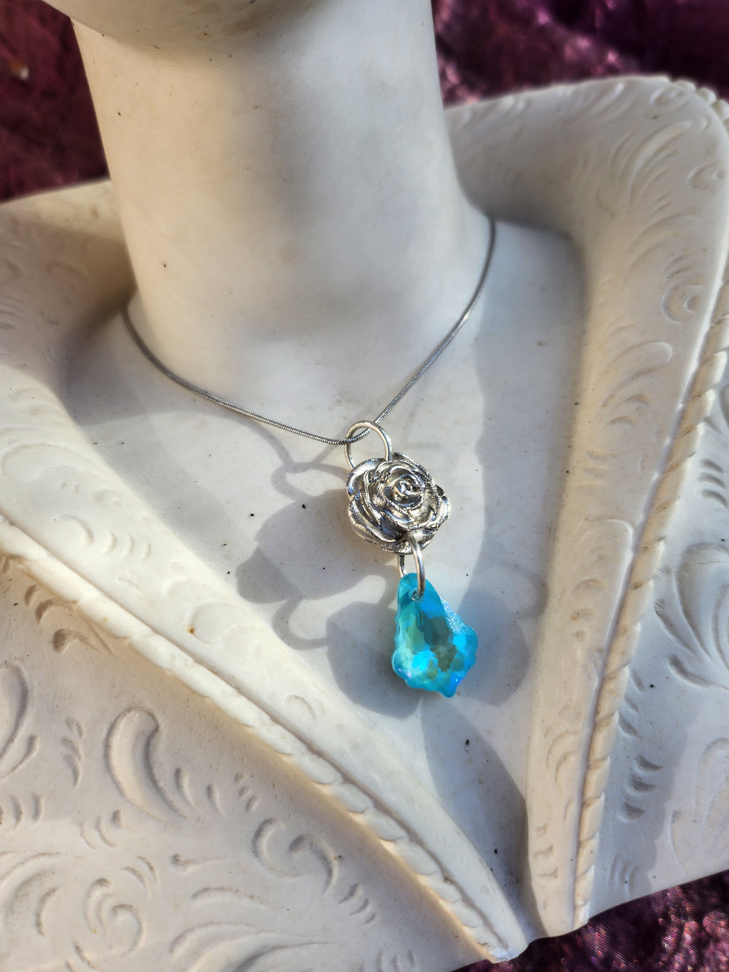 Rosarium Collection Collection - Handmade 999 Silver Rose Pendant with Aquamarine Blue Crystal