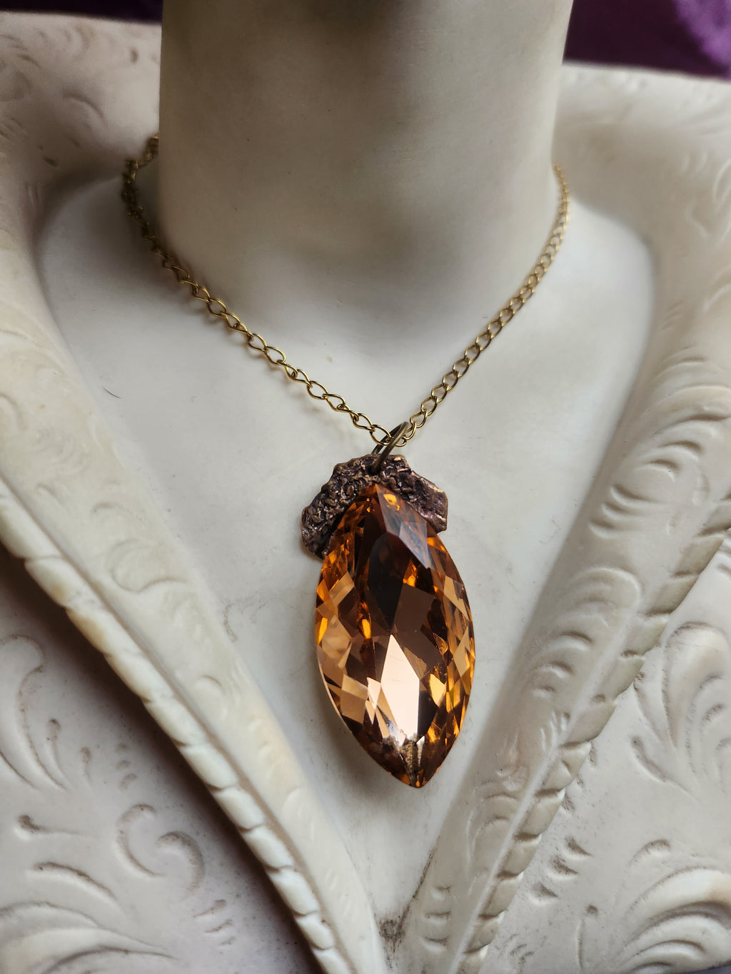 Mystic Baroque Collection - Handmade Bronze Pendant with Light Amber Crystal Navette