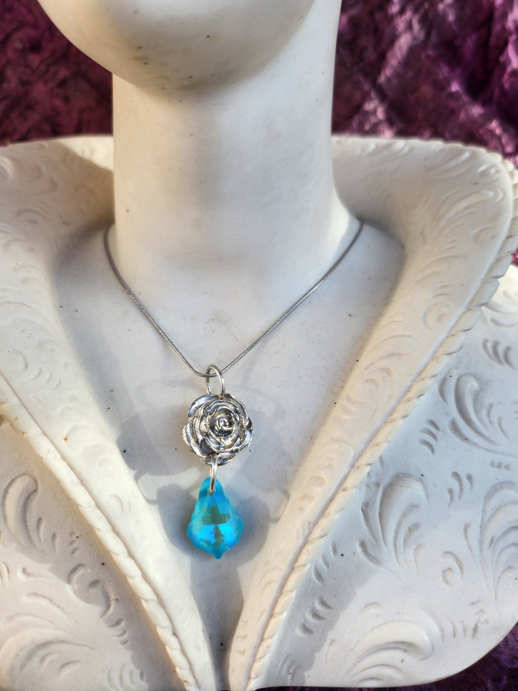 Rosarium Collection Collection - Handmade 999 Silver Rose Pendant with Aquamarine Blue Crystal