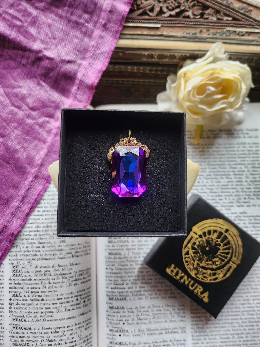 Mystic Baroque Collection - Handmade Bronze Pendant with Electric Purple Octagon Crystal