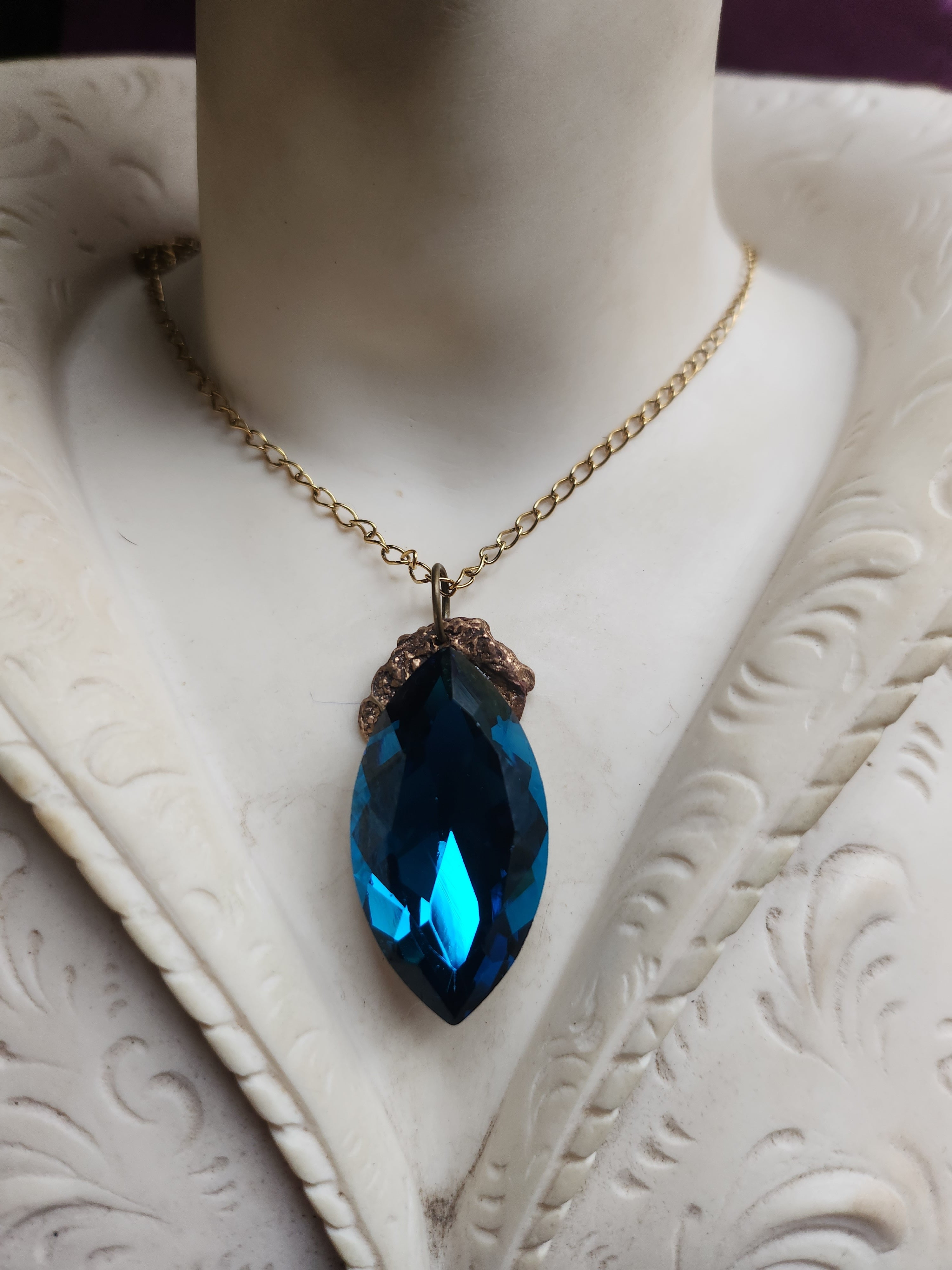 Mystic Baroque Collection - Handmade Bronze Pendant with Blue Crystal Navette