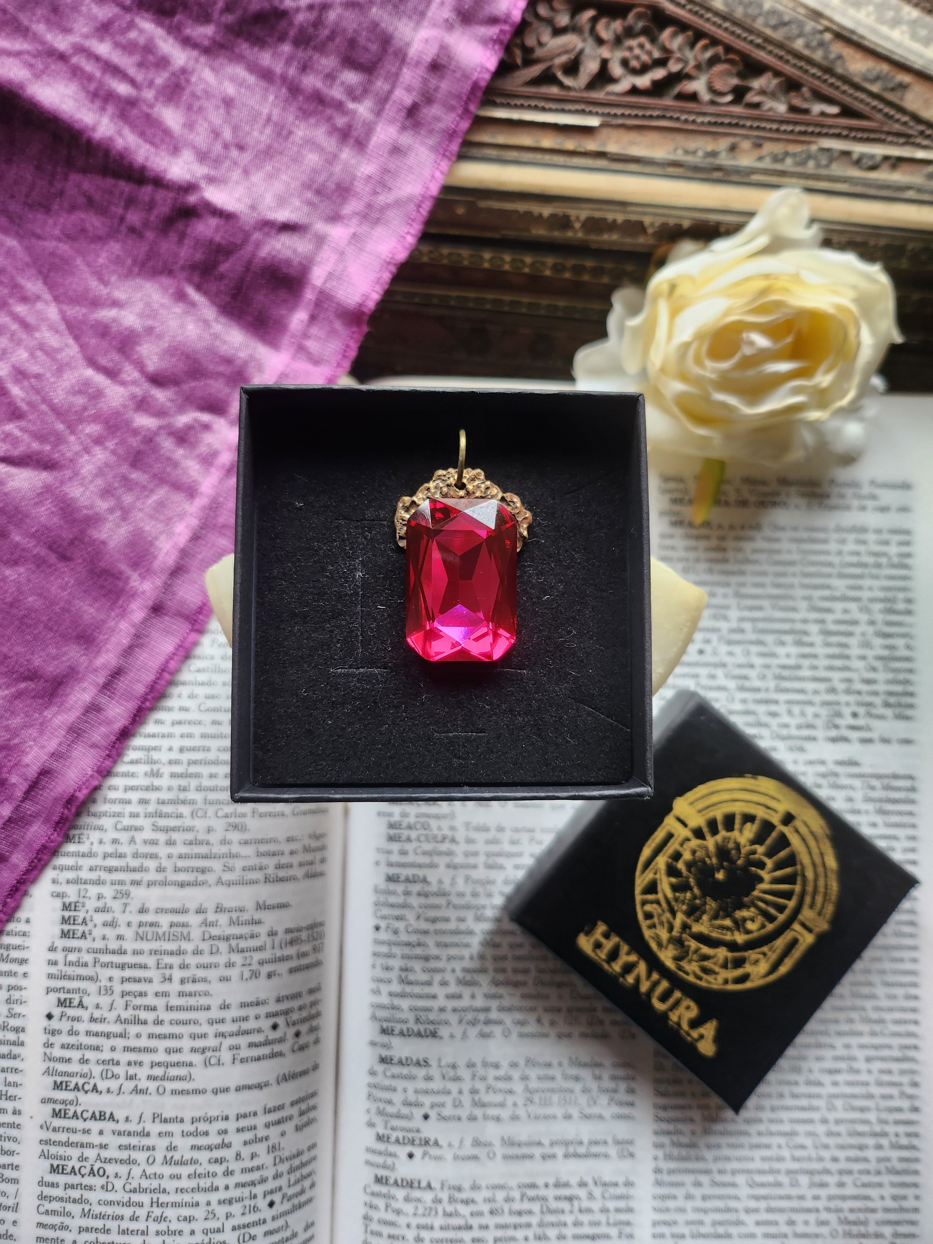 Mystic Baroque Collection – Handmade Bronze Pendant with Fuchsia Octagon Crystal