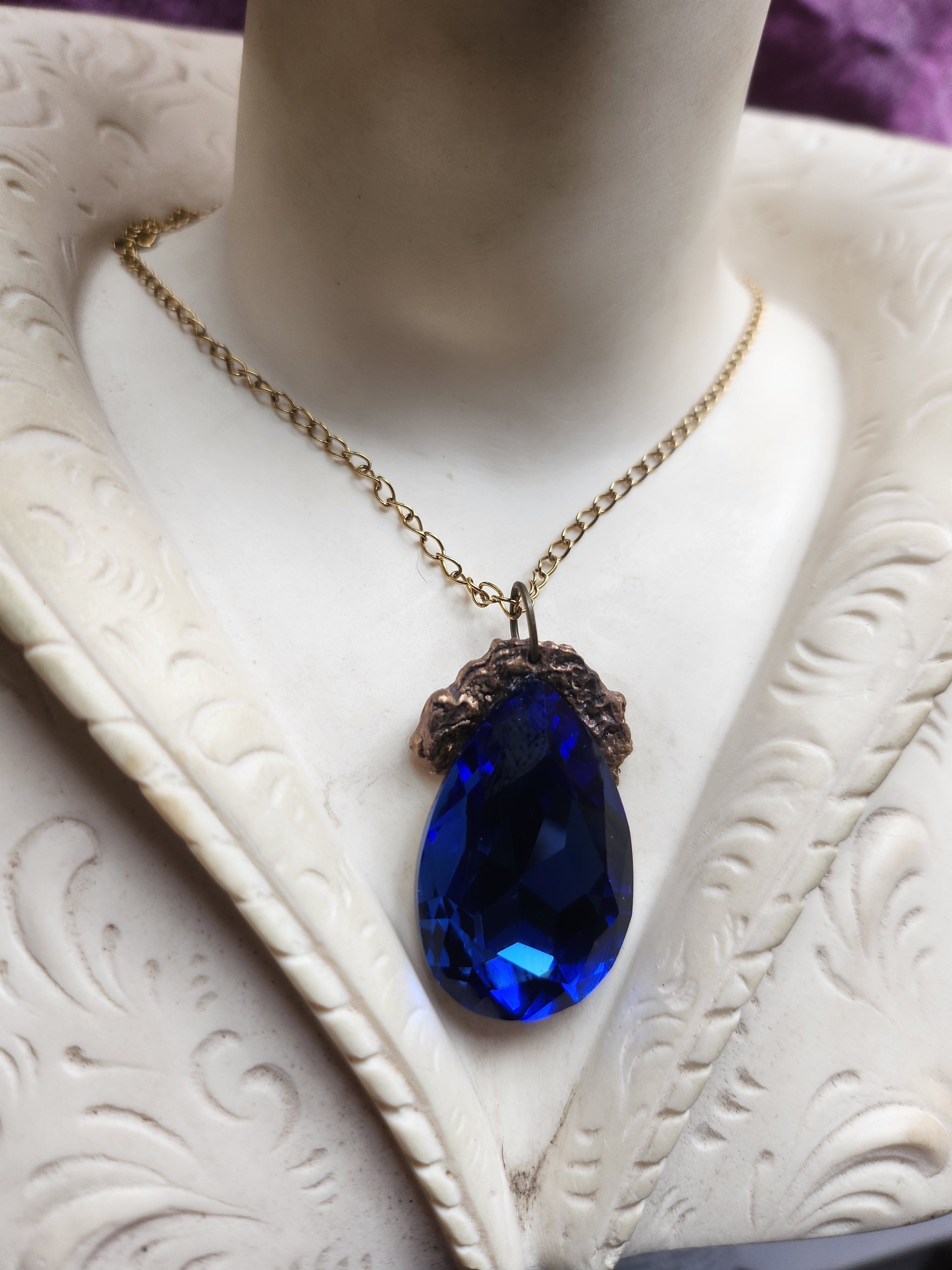 Mystic Baroque Collection - Handmade Bronze Pendant with Royal Blue Teardrop Crystal