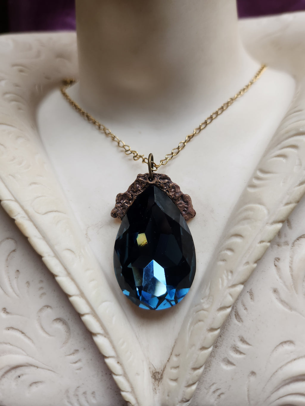 Mystic Baroque Collection - Handmade Bronze Pendant with Teel Teardrop Crystal