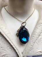 Mystic Baroque Collection - Handmade Bronze Pendant with Deep Blue Oval Crystal
