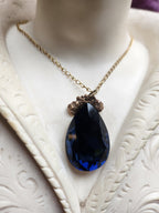 Mystic Baroque Collection - Handmade Bronze Pendant with Deep Blue Teardrop Crystal