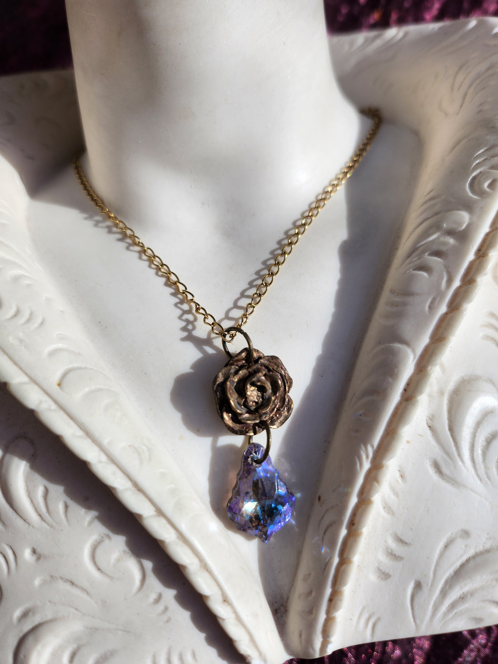 Rosarium Collection Collection - Handmade Bronze Rose Pendant with Lilac Crystal