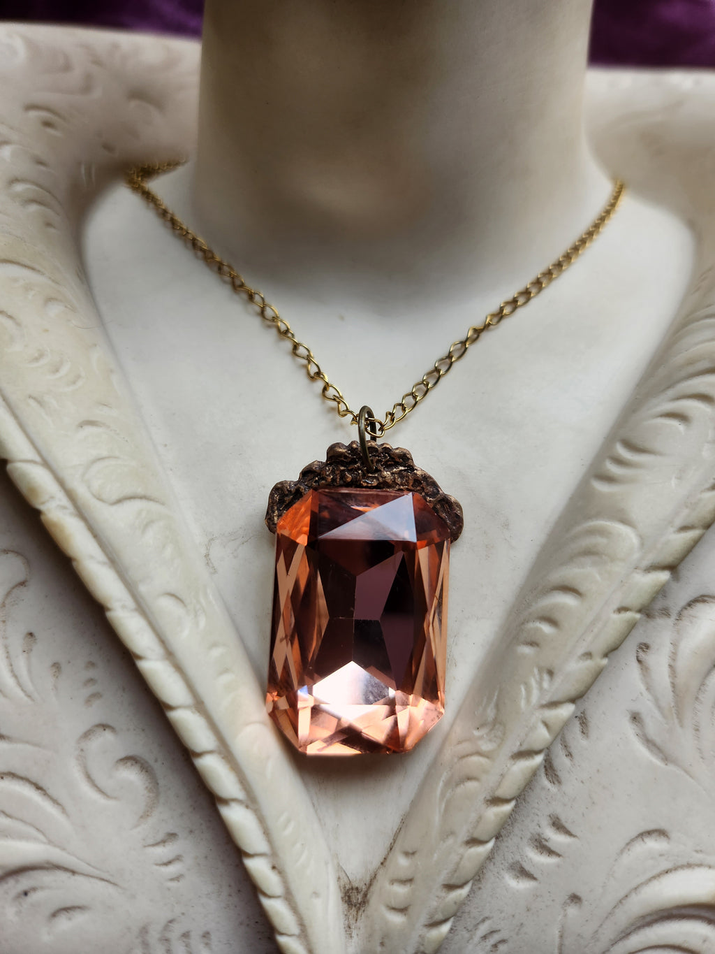 Mystic Baroque Collection - Handmade Bronze Pendant with Salmon Octagon Crystal