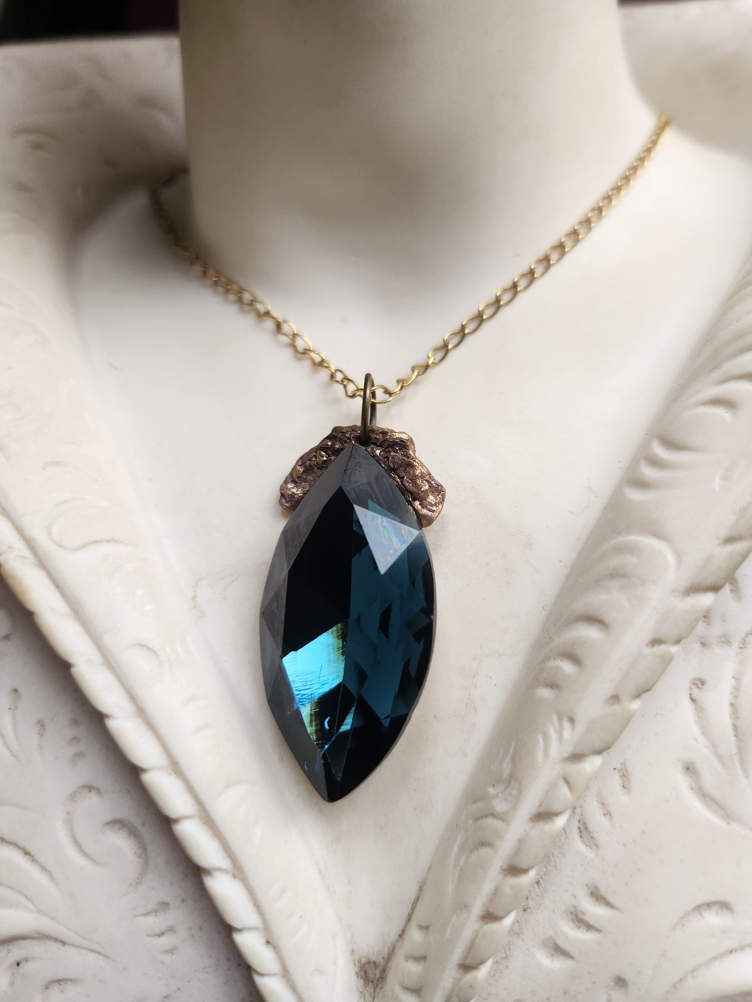 Mystic Baroque Collection - Handmade Bronze Pendant with Deep Teel Crystal Navette