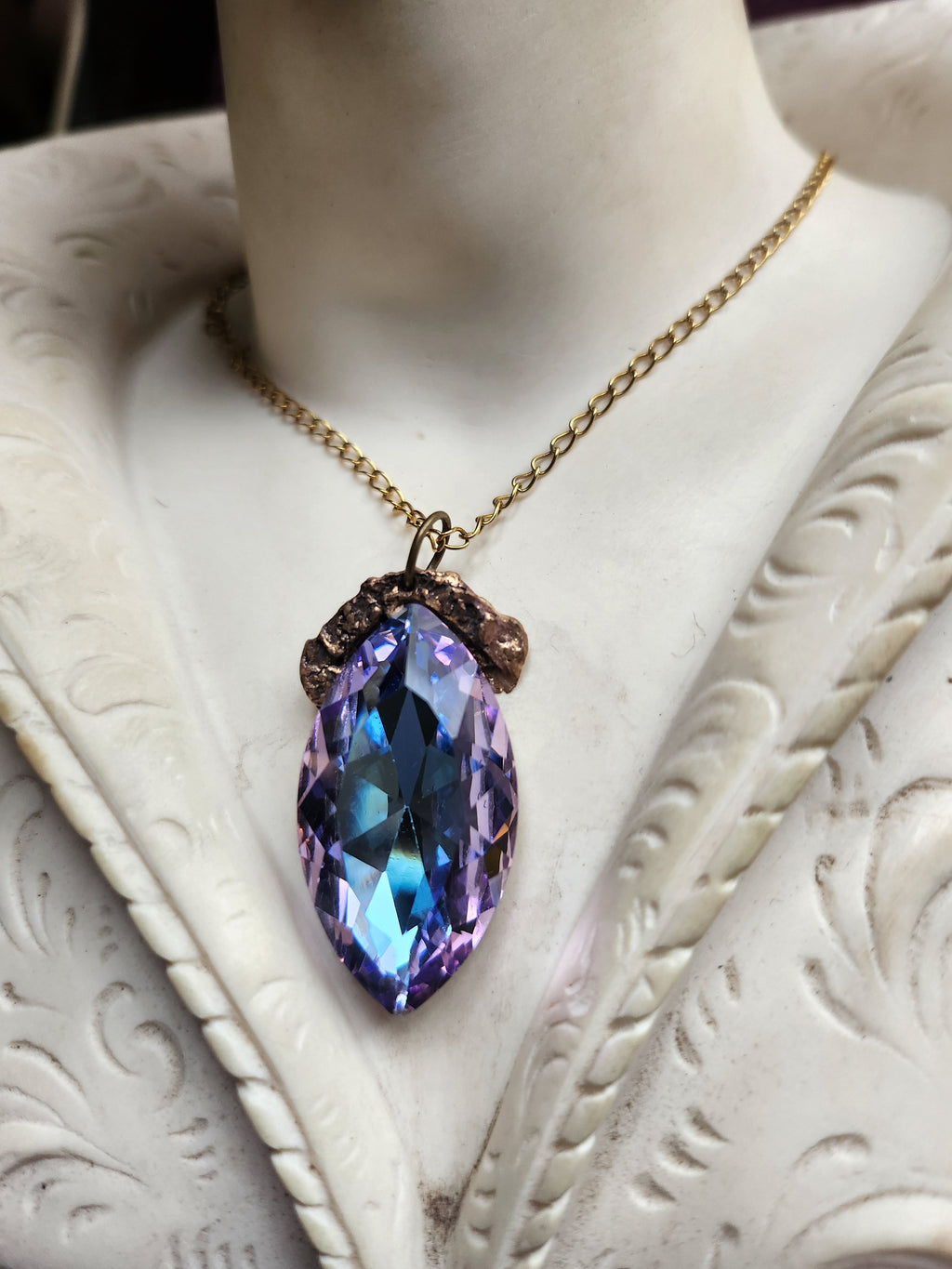 Mystic Baroque Collection - Handmade Bronze Pendant with Blue and Pink Crystal Navette