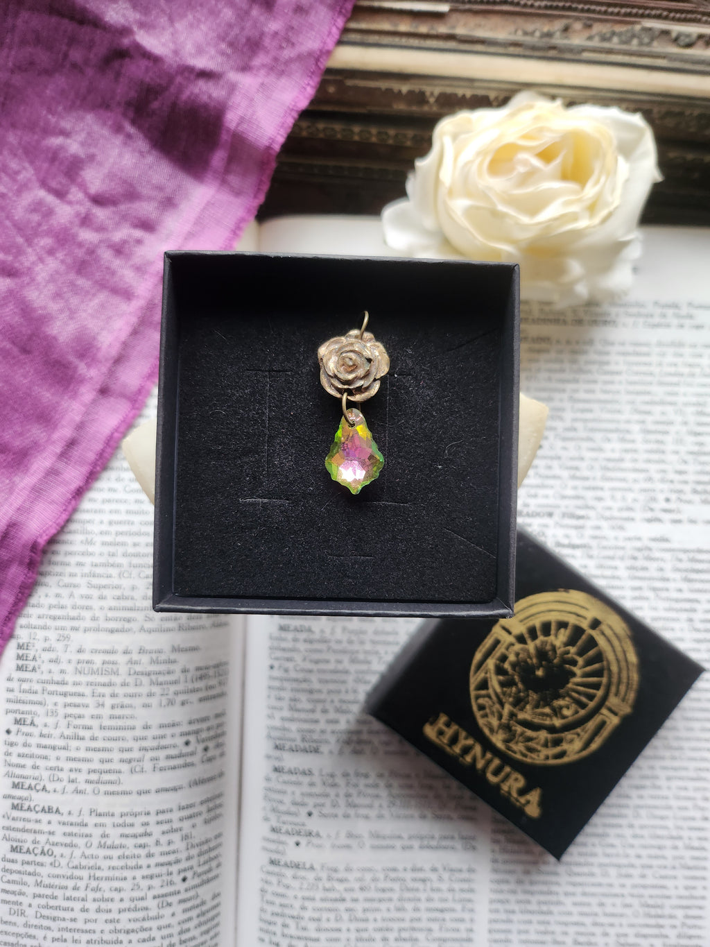 Rosarium Collection - Handmade Bronze Rose Pendant with Green and Pink Crystal