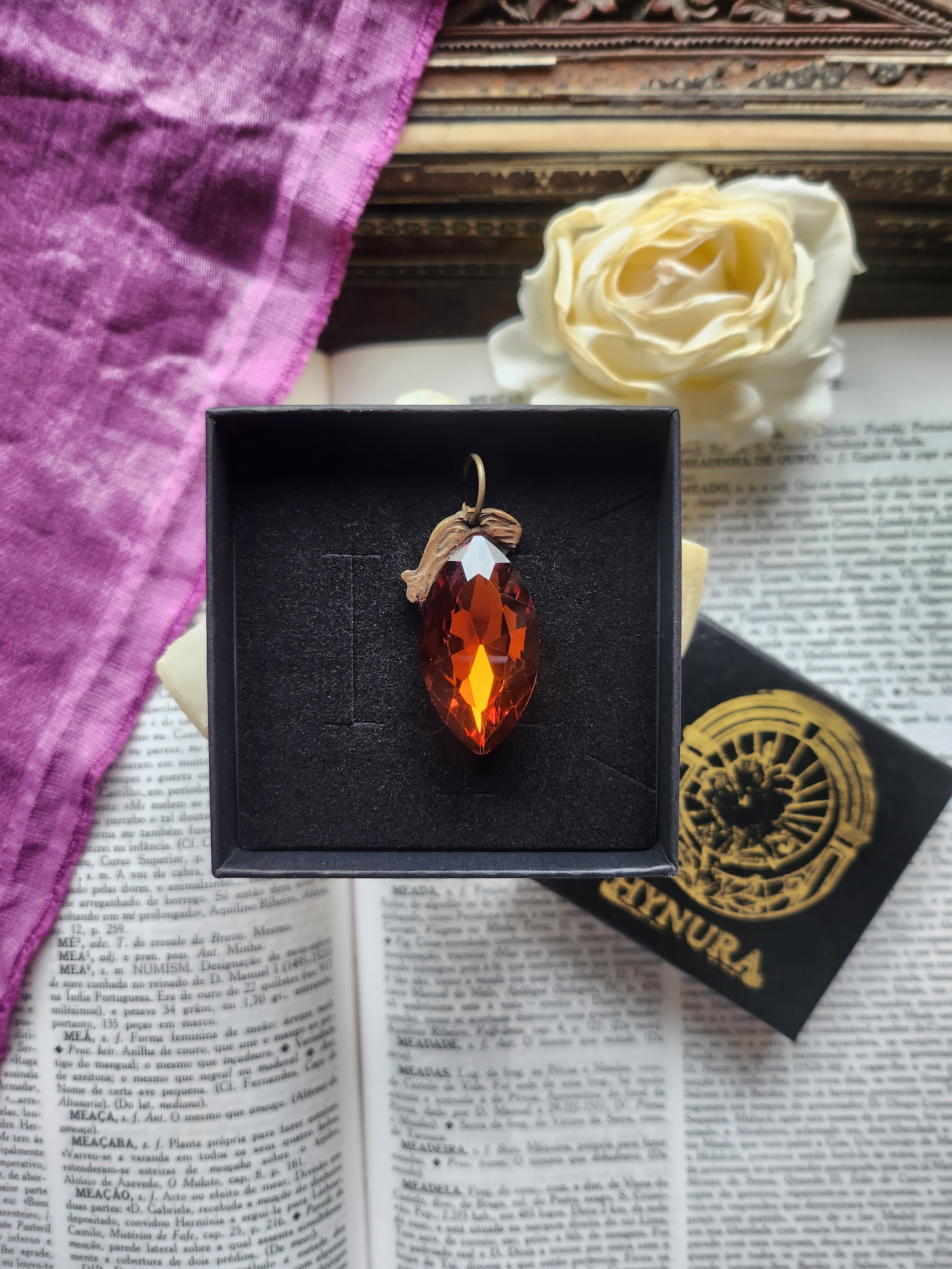 Mystic Baroque Collection – Handmade Bronze Pendant with Amber Crystal Navette
