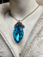 Mystic Baroque Collection - Handmade Bronze Pendant with Electric Blue Crystal Navette