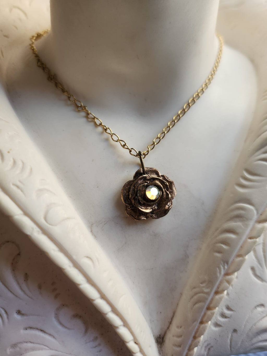 Rosarium Collection- Handmade Bronze Rose Pendant with Yellow Opal Crystal