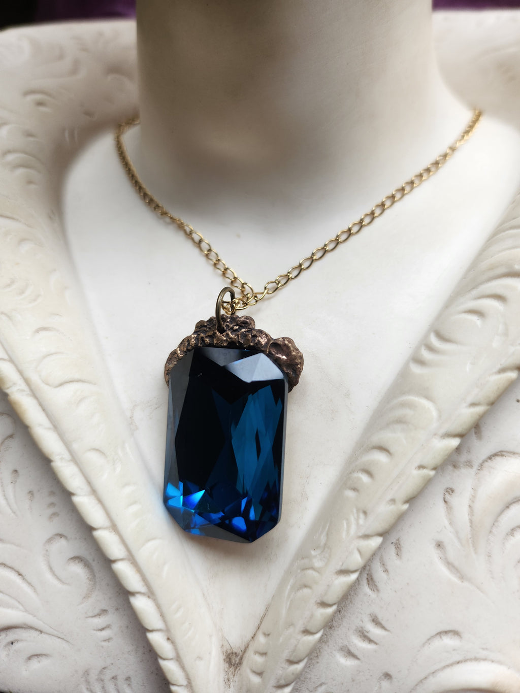 Mystic Baroque Collection - Handmade Bronze Pendant with Deep Blue Octagon Crystal