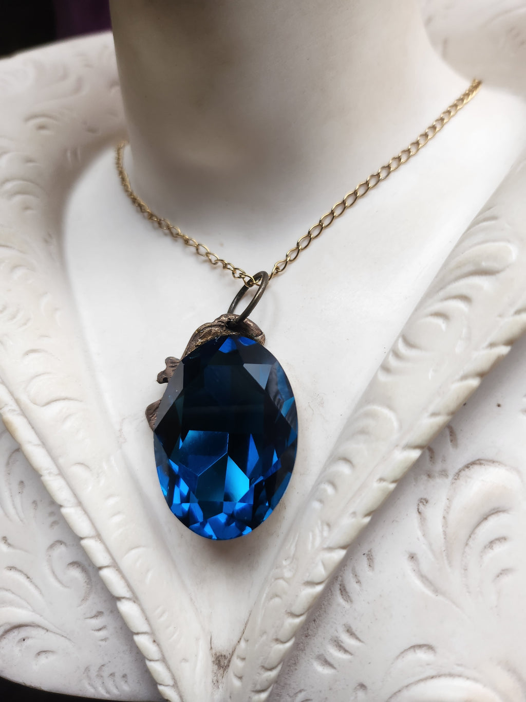 Mystic Baroque Collection - Handmade Bronze Pendant with Deep Blue Oval Crystal