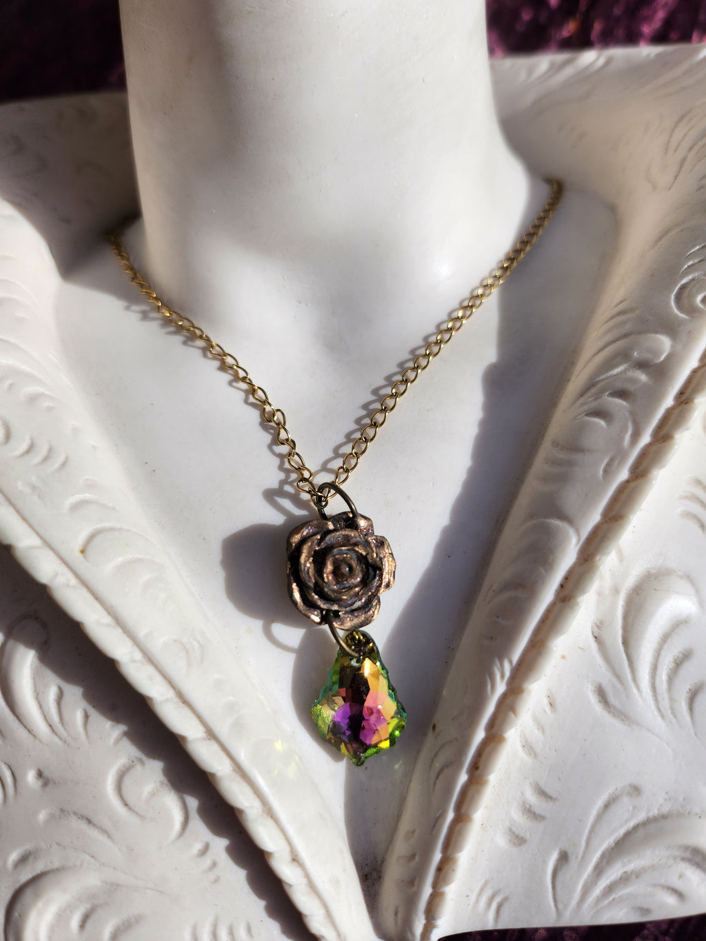 Rosarium Collection - Handmade Bronze Rose Pendant with Green and Pink Crystal