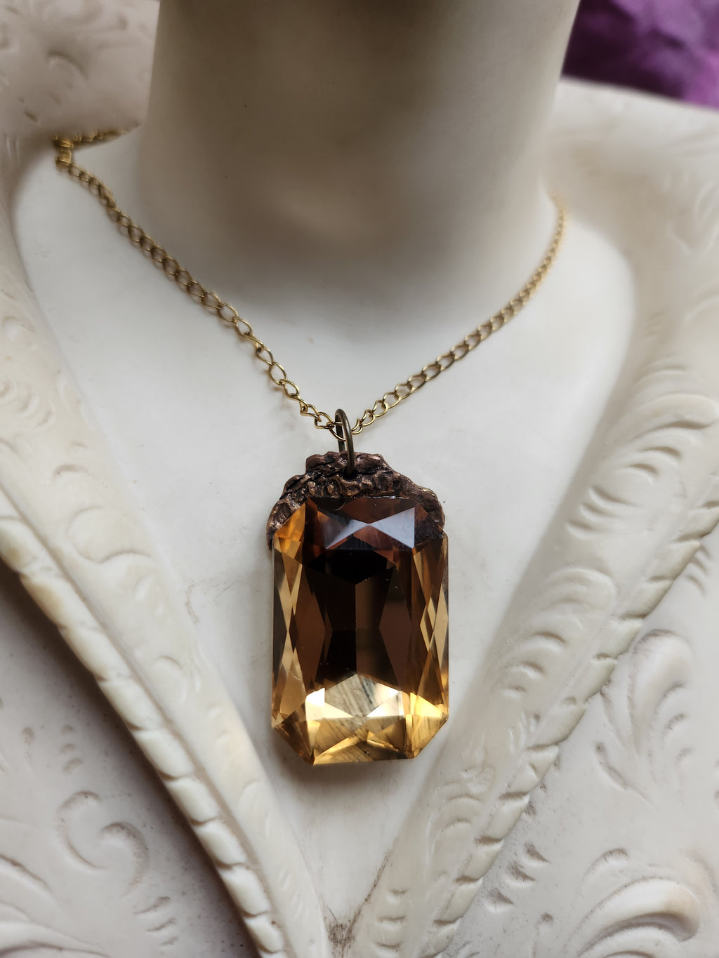 Mystic Baroque Collection - Handmade Bronze Pendant with Light Golden Octagon Crystal