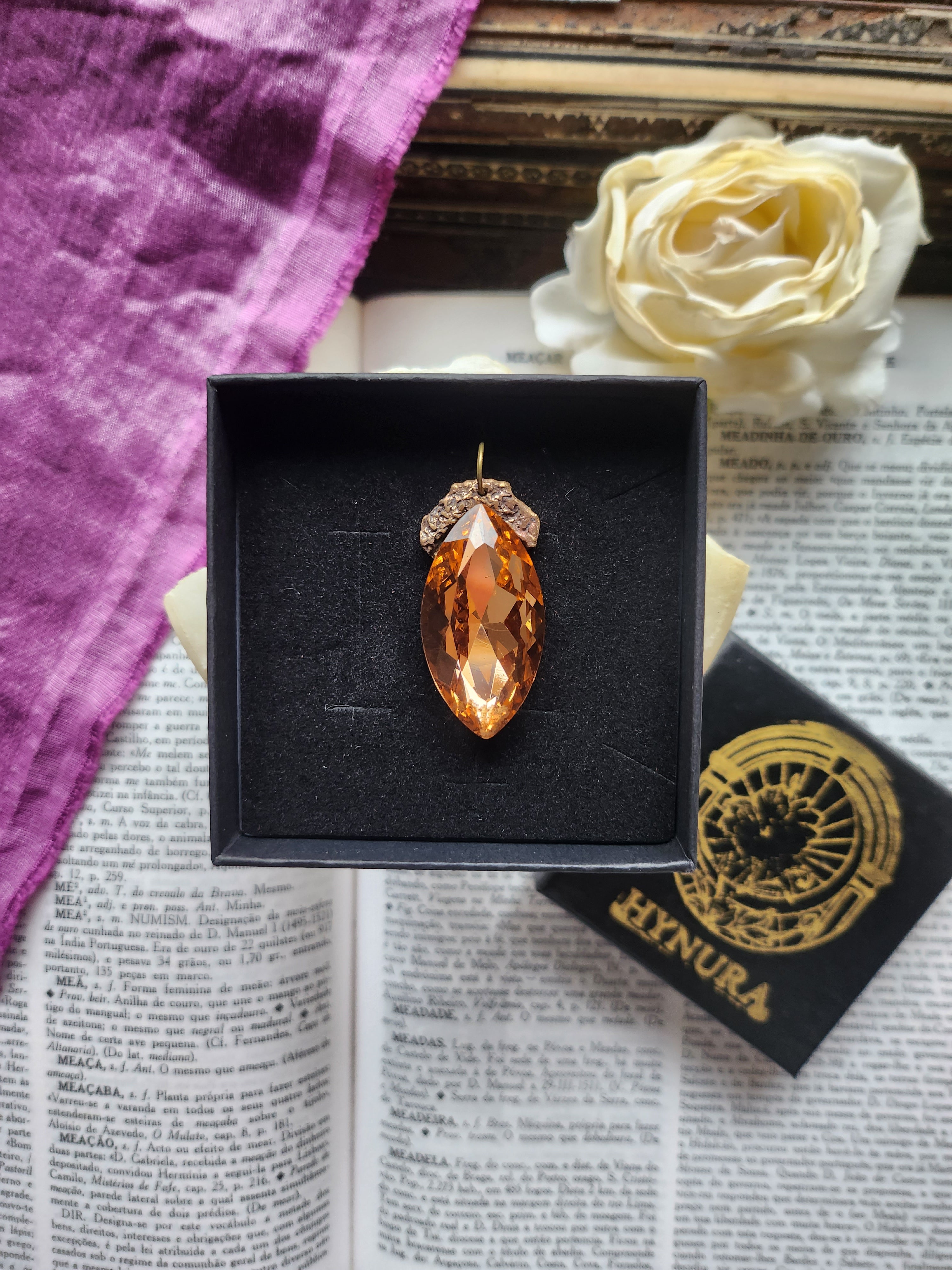 Mystic Baroque Collection - Handmade Bronze Pendant with Light Amber Crystal Navette