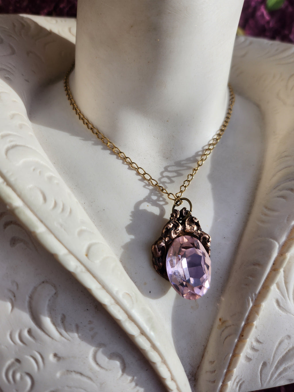 Arcane Resonance Collection – Handmade Bronze Pendant with Light Pink Oval Crystal